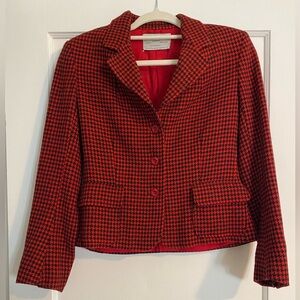 Rare VTG Jaeger Preppy Coquette Avante Garde Red Black Houndstooth Wool Blazer